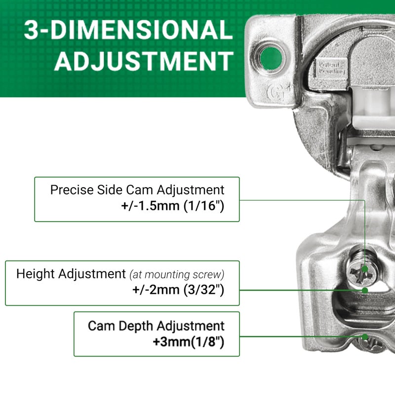 ROK 2 Pack Rok Hardware Grass TEC 864 108 Degree 1" Overlay 3 Level Soft Close Screw On Compact Cabinet Hinge 04441A-15 3-Way Adjustment 45mm Boring Pattern - Image 4